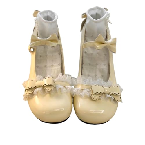 ZQW Women's Cute Mary Jane Leather Shoes Kawaii Bow Round-Toe Low Block Heel Pumps JK Cosplay Costume Casual All-Day Comfort