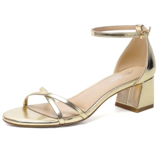 Image of Mostrin Chunky Heels for Women Round Open Toe Strappy Heeled Sandals Ankle Strap Dressy Block Low Heels for Party Wedding Prom Daily