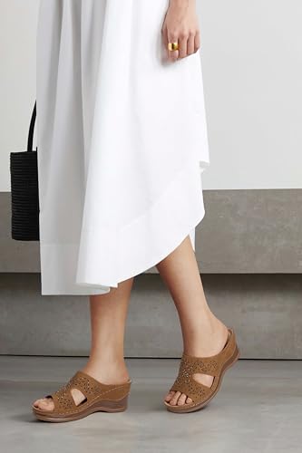 Image of TEMOFON Women Wedge Sandals Dressy: Comfortable Lightweight Summer Shoes | Low Wedge Heel - Fit Wide Feet - Comfy Stylish Slip on Sandals Size 5-11