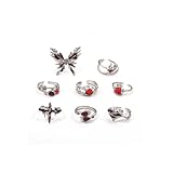 Gothic Vintage Rings for Women Red Kuncle Ring Set Silver Punk Goth Butterfly Cross Heart Y2K Rings Adjustable Opening Crystal Stackable Statement Ring Halloween Jewelry