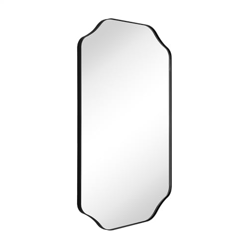 Image of TEHOME 24x36'' Scalloped Black Bathroom Vanity Mirror, Matt Black Rectangle Metal Framed Bathroom Mirror