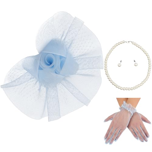 MS.ING 4Pcs Fascinators Hats for Women Tea Party Derby Hats with Gloves Pearl Jewelry Set for 1920s Party Cocktail (US, Alpha, One Size, Flower Light Blue)