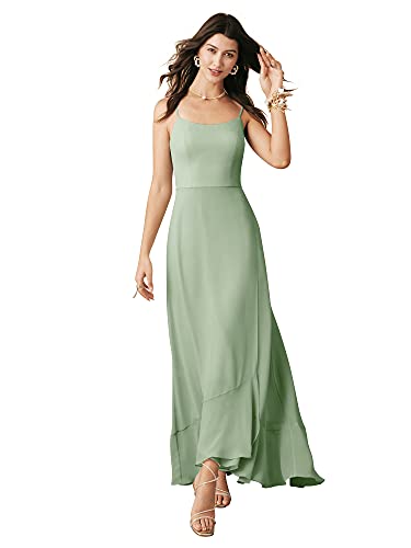 Alicepub Spaghetti Strap Sage Green Bridesmaid Dresses For Women Chiffon Long Formal Dress With Ruffled Skirt Hem, Custom Size #TOP9