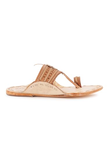 Image of Women's Genuine Leather Handmade Kolhapuri Flats Slip Ons Sandals for All Occasions - Beige & Gold