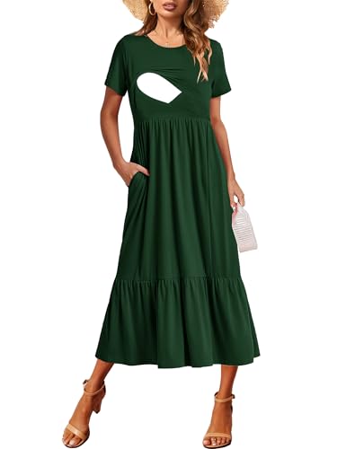 Image of CzzzyL Women Nursing Short Sleeve Crew Neck Fall Dress Maternity Flowy Maxi Dresses Tiered Cocktail Dress with Pockets