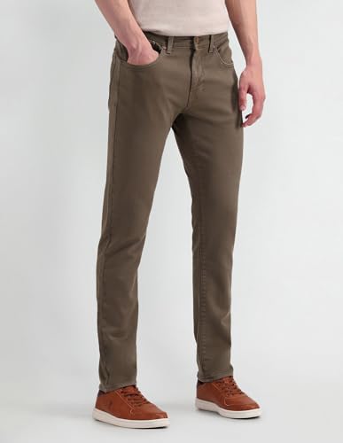 Image of Men's Light-Brown Solid Mid Rise Dark Button Stretchable Cotton 1050 Men's Jeans (UDJEN1290 Light-Brown 30)
