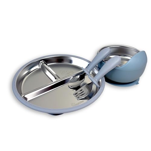 Image of Feeding Set of 3 for Kids | Suction Plate Bowl Cutlery Spoon Fork | BPA Free | Stainless Steel | Easy Grip | Non Spill | Self Feeding Set | Dishwasher Safe (Ocean)