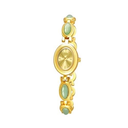 JUSKAQZYI Montre en Or for Femme, élégante et Luxueuse, Style Vintage, Ovale, Montre à Quartz, Petit Cadran en Jade.(Color)