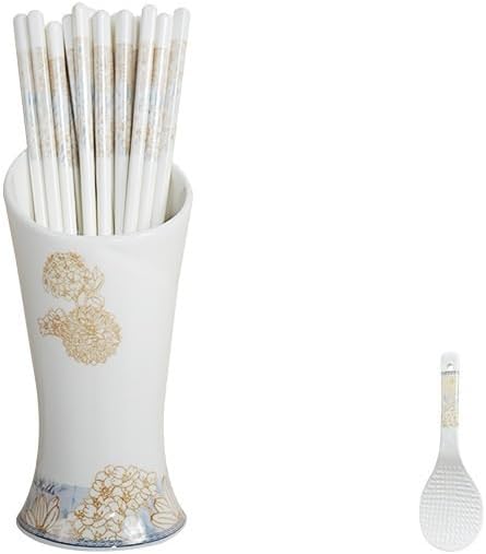 Ceramic Chopsticks Set with Holder, White with Gold Pattern, 10 Pairs, Heat Resistant, Dishwasher Safe, 25cm Length 景德镇陶瓷筷子+筷子筒+饭勺
