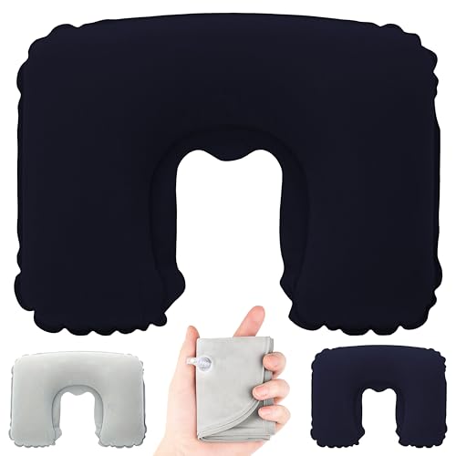 Cepewa Almohada cervical hinchable | PVC negro, gris y azul, 22 cm, gris, negro y azul, cojín de aire, soporte para el cuello, ergonómico, plegable, accesorios de viaje, coche, avión