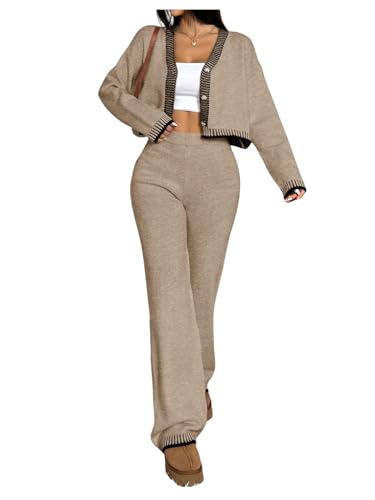 WDIRARA Women's Contrast Trim 2 Piece Outfit Button Down Crop