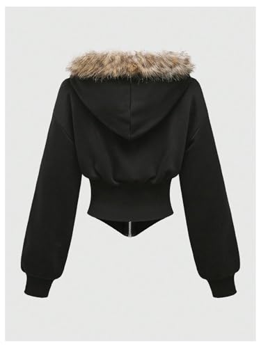 Verdusa Women's Zip Up Drawstring Hooded Jacket Faux Fur Asymmetrical Hoodie Sweatshirt2