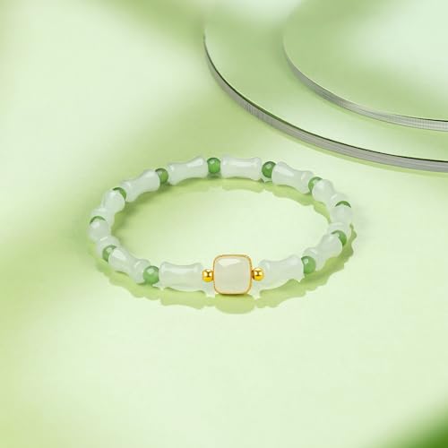24K Solid Gold Green Jade Bamboo Bracelet, Pure Gold Elastic Green Jade Bead Bracelet, Stretchable Real Gold Green Jade Bead Bracelet for Women Girlfriend Y19124053