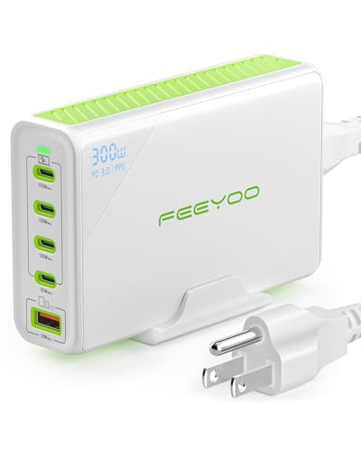 300W USB C Charger FEEYOO GAN Fast Charging Station 5 Ports Type C Power Adapter PD 100w Desktop Charger Compatible with MacBook Pro/Air,Dell XPS,iPad,iPhone,Galaxy etc