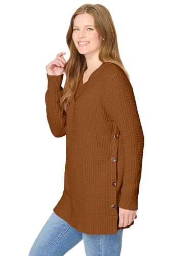 Woman Within Plus Size Side Button V-Neck Waffle Knit Sweater3