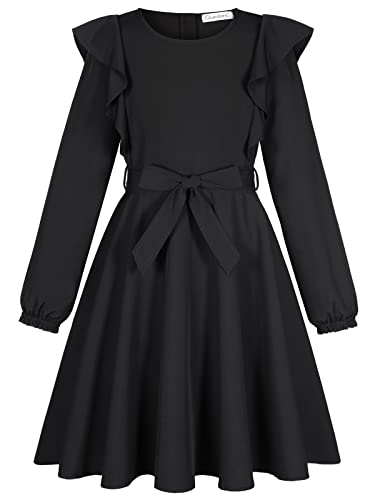 Quedoris Girls Ruffle Trim Dress Print and Solid Color A-line Swing Flared Belted Casual Party Dress with Zipper - Image 3