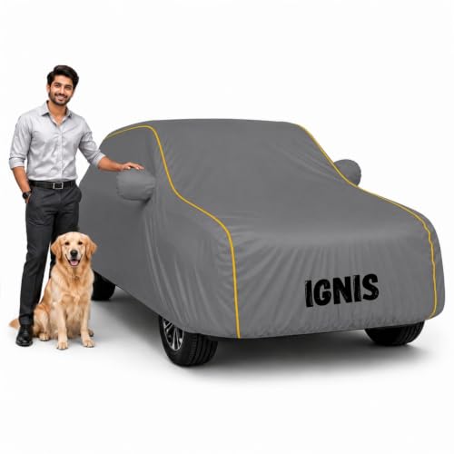 Image of Waterproof Car Cover for Ignis | Soft Cotton Lining Heavy Duty Triple Stitched Heat Resistant Outdoor Cover Comes with Mirror and Antenna Pocket Full Bottom Elastic (Zig Zag Grey)
