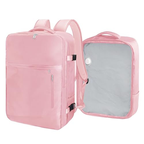 SUOCO Travel Vacuum Backpack, 60L Seal Compression Air Vac Bag Back Pack with Travel Pump, Carry On Suitcase Luggage Flight Approved for Men Women Personal Item, Pink