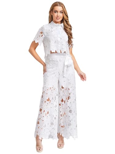renvena Womens Chiffon Lace Outfit Floral Hollow Out Button Shirt Top Wide Leg Belted Pants 2 Piece Sets2