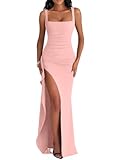 LAGSHIAN Women's Elegant Square Neck Sleeveless Bodycon High Split Ruched Long Formal Evening Dress Pink