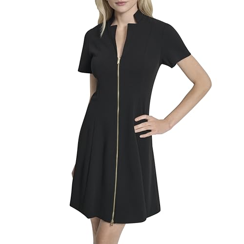 Robe en crêpe DKNY courte à col en V et fermeture éclair frontale pour femme