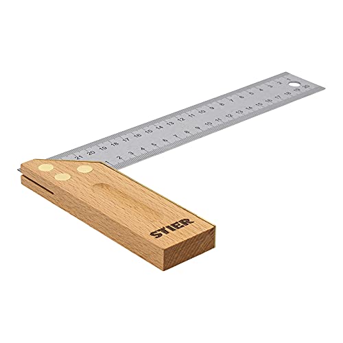 STIER Anschlagwinkel, Schreinerwinkel, Buche, 90° / 45°, 250 mm, mit Griffhohlkehle, doppelseitiger Messingbeschlag