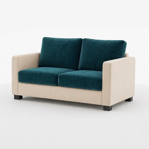 Image of FURNY Haster 3 Seater + 2 Seater Fabric Sofa Set with 1 Ottoman (Green Teal-Cream) with Velvet Finish | Durable Comfort | Ideal for Living Room