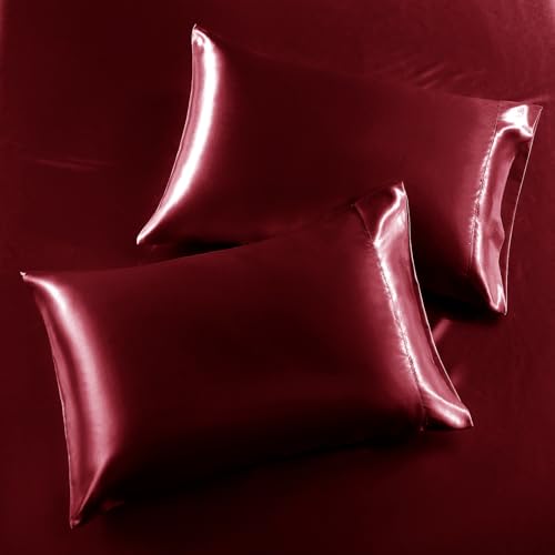 Image of SiinvdaBZX 3-Piece Set Satin Full Fitted Sheet & 2 Pillowcase, Burgundy Silky Soft Fitted Bottom Sheet, Wrinkle Free, Fade Resistant, Deep Pocket Bed Sheet (Deep Up to 15 inch)