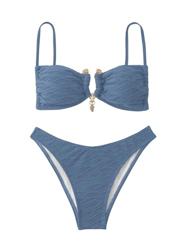 SweatyRocks Women's 2 Piece Bikini Set Tie Backless High Cut Swimsuit Textured Bathing Suit