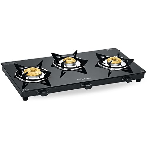 Image of Surya Flame Creta Gas Stove 3 Burners | Tri-pin Brass Burner | 3 Burner Gas Stove Glass Top, Stove 3 Burner, Ultra Slim Design with Toughened Glass Top, Removable Drip Tray, ISI Certified
