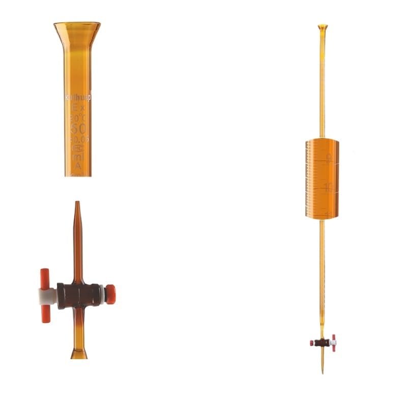 Instrumento de vidrio bureta, Bureta de vidrio clase A, llave paso PTFE Boro 3, resistente a ácidos y álcalis, Multicolor, 10ml-100ml, 1 Uds(Brown PTFE alkaline/cidic 50ml)