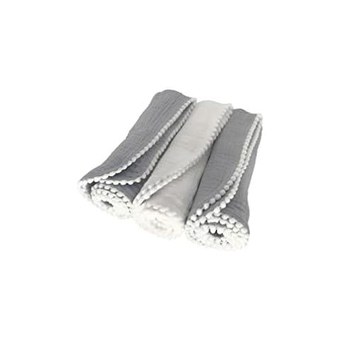 Little English Organic Cotton Baby Muslins Squares with Pompom - 100% organic cotton. (Grey & White) Cover