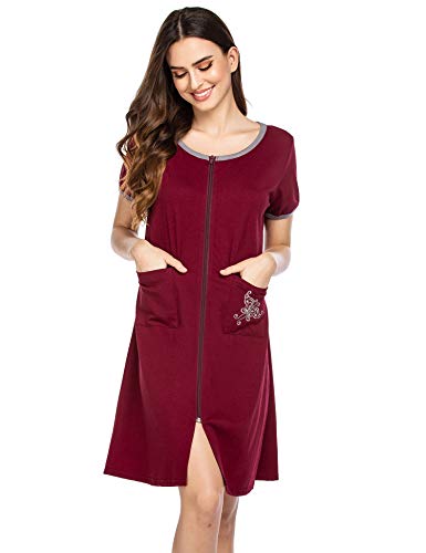 Ekouaer Sleepwear Women Zipper Front House Coat Lightweight Soft Robe Short Nightgown Wine