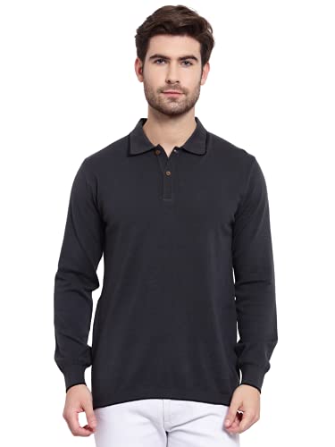 Image of Kalt Mens Basic Solid Full Sleeves Polo Cotton Blend Knitted Regular Fit Polo-Neck T-Shirts with Collar Stylish