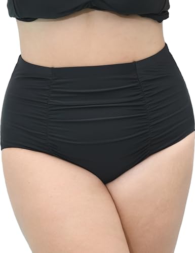 Women Plus Size Ruched High Waisted Black Bikini Bottoms Full Coverage Swimsuit Bottom Tummy Control Swim Bottoms