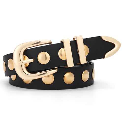 Women Studded Belt for Jeans Dress Fashion Punk Leather Belt Black Belt With Gold/Silver Buckle Women