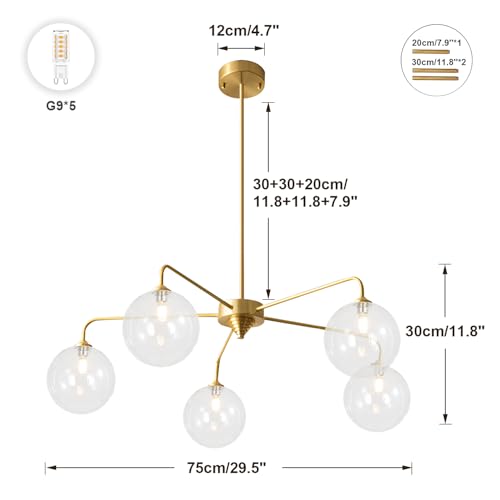 Image of Mid Century Modern Sputnik Chandelier Brass 5 Light Gold Chandelier Clear Glass Globe Sputnik Chandelier for Dining Room Bedroom Kitchen