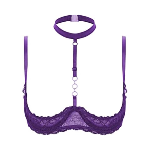 Hularka Women's Mesh Sheer Lace Unlined Bra Halter Neck Shelf Bra Push Up Brassiere Lingerie Purple Medium Cover