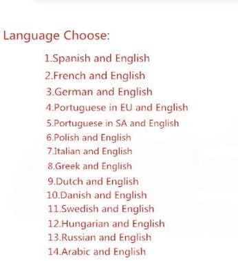 List of language options for the AED Trainer, including Spanish, French, German, Portuguese, Polish, Italian, Greek, Dutch, Danish, Swedish, Hungarian, Russian, and Arabic, all paired with English.