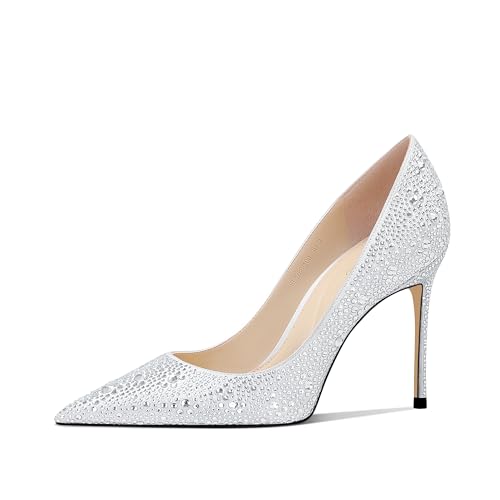 Qililul Rhinestone High Heel Pumps for Women Elegant Stiletto Wedding Party Shoes with Pointed Toe White Sparkly Design Comfortable Luxury Evening Footwear for Formal Events
