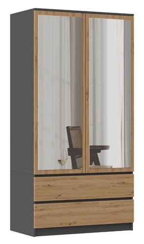 CDF TORINO - Armadio 2 ante con specchio stile moderno camera da letto - 90x50x180 - Ampio spazio di archiviazione - 2 cassetti