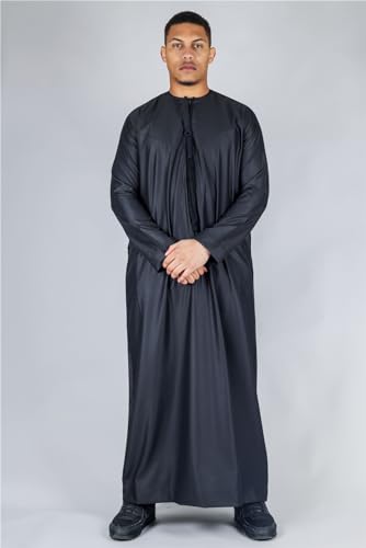 Men's Thobe Emirati Omani Jubba Islamic Clothing Muslim Kaftan Eid Robe String Tassel|Black4