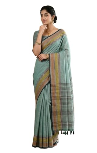 Image of SWORNOF Women's Linen Cotton Silk Saree with Unstitched Blouse Piece | Saree for Women | Saree with Blouse Piece | Soft and Skin Friendly