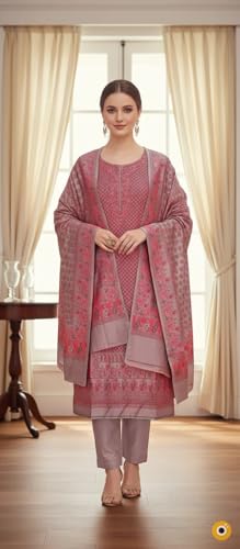 Image of Womens designer woolen suit for women with salwar and kashmiri shawl winter wear kani unstitched fabric set, stylish kurta pant set woollen dress material for women by pure pashmina wooltex
