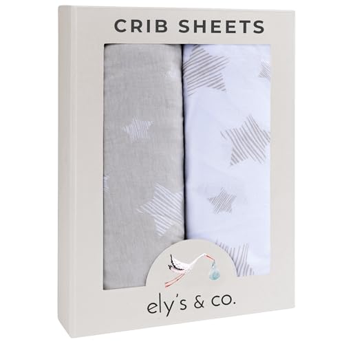 Image of Ely’s & Co. Crib Sheets, Baby Boy/Girl Fitted Crib Mattress Sheet Set, 2 Pack, 100% Jersey Knit Cotton, Infant and Toddler Nursery Bedding, Tan Drawn Star, 28” x 52”