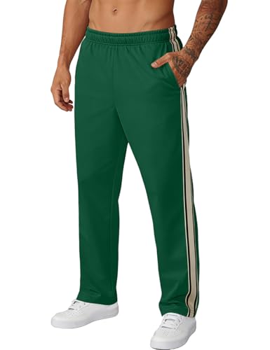 QOSOQ Mens Sweatpants Baggy Open Bottom Casual Lightweight Pants Workout Side Stripes Gym Joggers with Drawstring Green