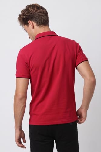 Image of Peter England Men's Snug Fit Solid Polo T-Shirt with Coloured Collar Tipping| Cotton Rich| Premium Pique Weave