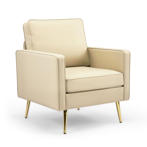Image of VINGLI Modern Accent Chair, Upholstered Faux Leather PU Armchair with Thick Cushion & Metal Legs, Comfortable Reading Chair for Living Room, Bedroom, Office, Green