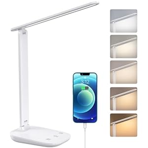 Lámpara de escritorio LED plegable, 5 colores y atenuación continua, puerto USB de carga, control táctil, cuidado ocular, para estudio y lectura