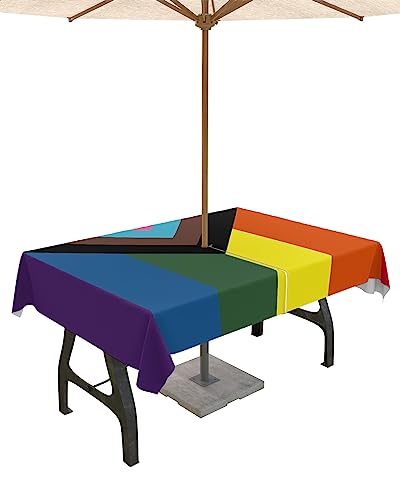 BABE MAPS Outdoor Tablecloth with Umbrella Hole and Zipper, Rainbow Stripes Color Texture Rectangle Waterproof Table Cloth Wrinkle-Free Washable Table Cover for Patio Picnic Party Table Decor 60x84in
